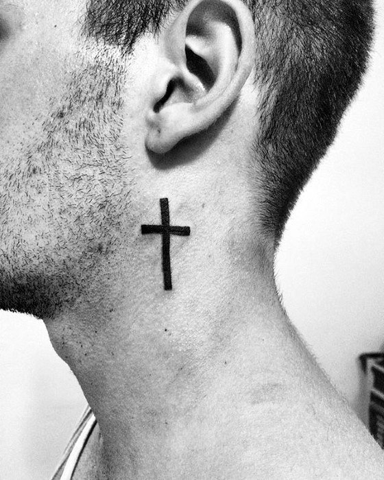 Black Ink Simple Cross Male Tattoo On Neck