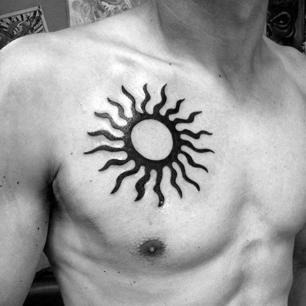 Black Ink Simple Sun Mens Chest Tattoo Ideas
