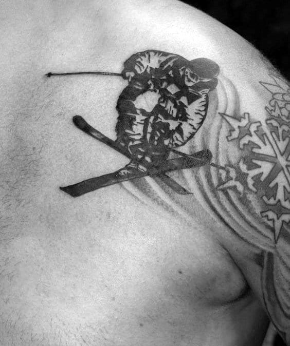 Black Ink Skiing Male Shoulder Tattoos
