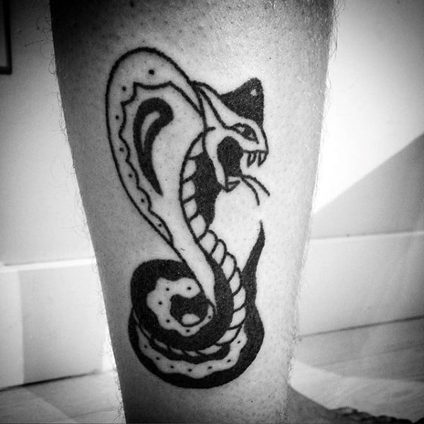 Black Ink Small Male Traditional Snake Tattoo On Lower Legs