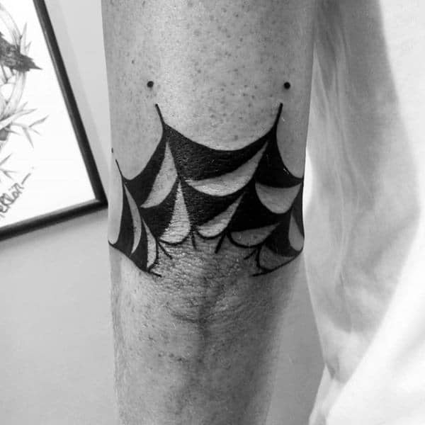 Black Ink Small Mens Spider Web Elbow Tattoos