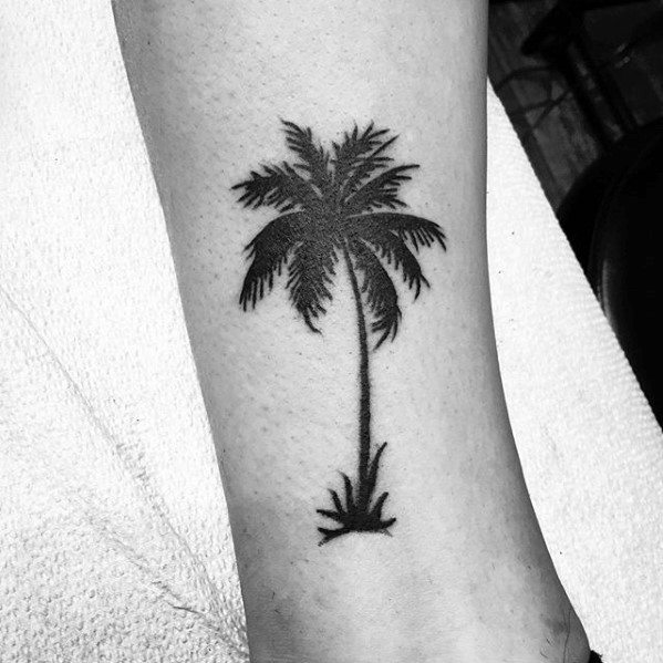 Black Ink Solid Palm Tree Simple Lower Leg Tattoos For Guys
