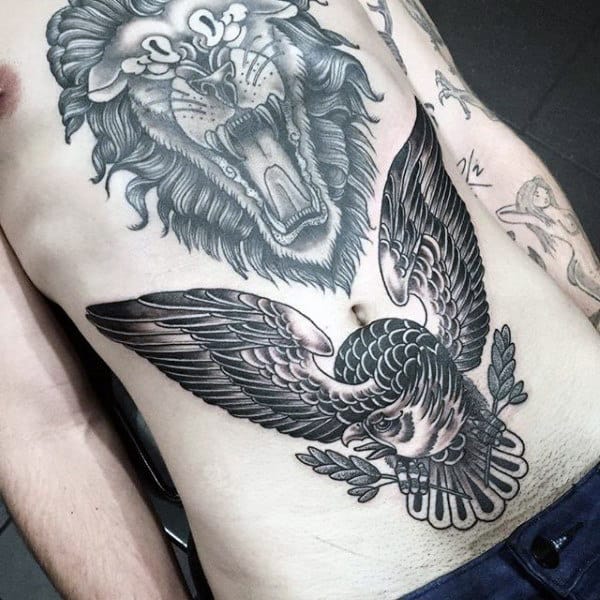 Black Ink Stomach Male Traditional Eagle Tattoo Inspiration