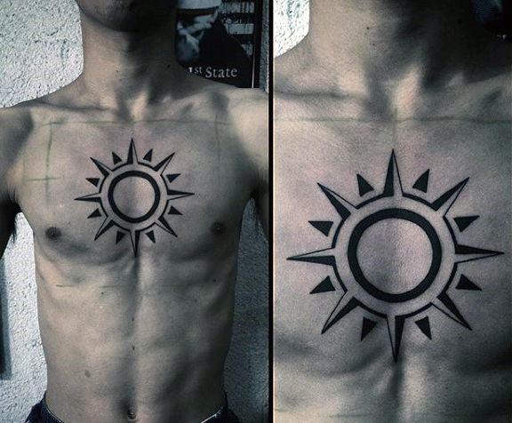 Black Ink Sun Simple Chest Geometric Mens Tattoo Ideas
