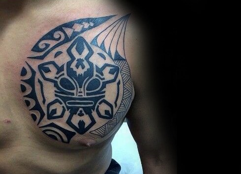 Black Ink Sun Taino Tribal Cool Chest Tattoos For Males