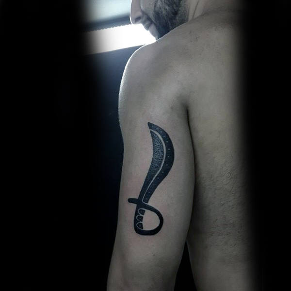 Black Ink Sword Male Tattoo With Minimalistic Design On Tricep.