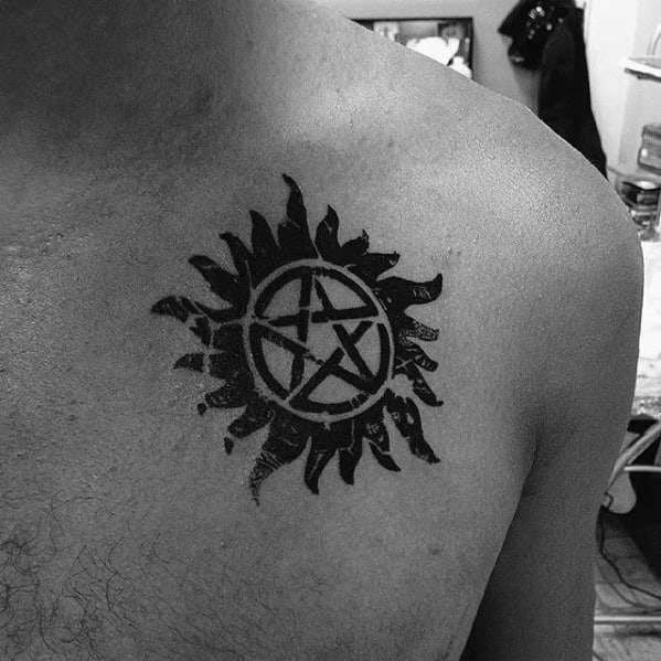 Black Ink Symbol Anti Possession Male Tattoo On Chest