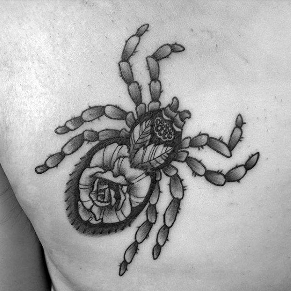 Black Ink Tarantula Rose Flower Mens Chest Tattoos