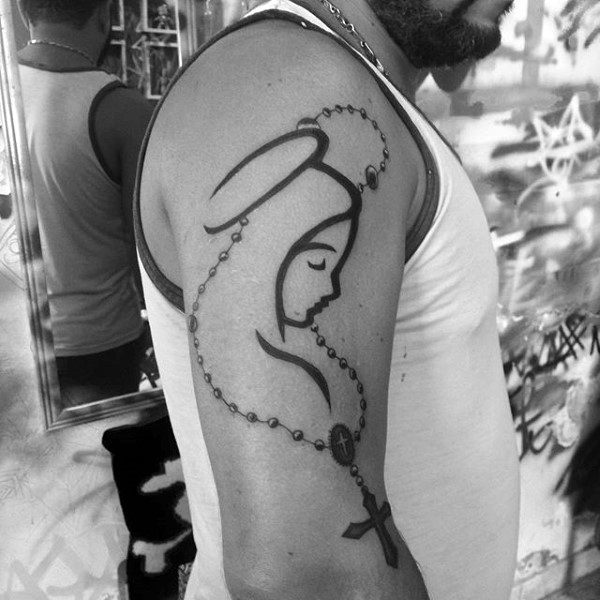 Black Ink Tattoos Male Hands With Rosary Beads Abstract Mother Mary
