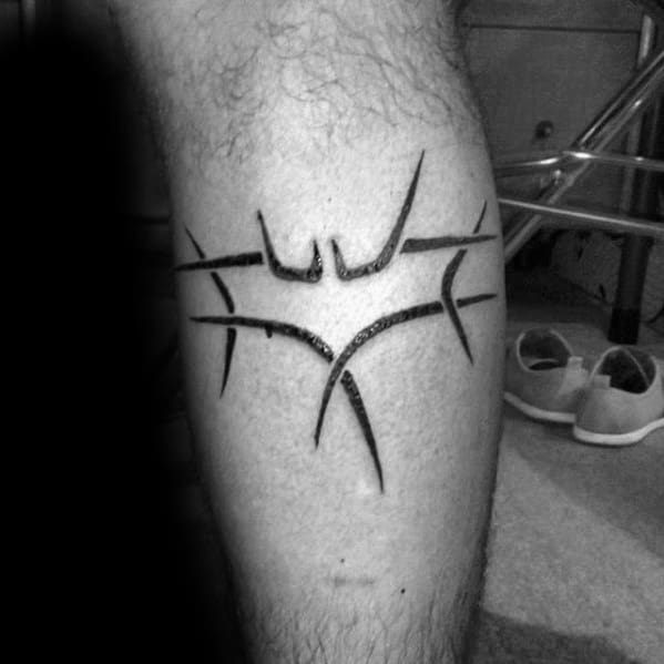 Black Ink Thorns Batman Symbol Mens Leg Calf Tattoo