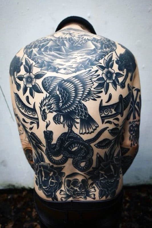 Black Ink Traditional Eagle With Snake Mens Tattoo Ideas