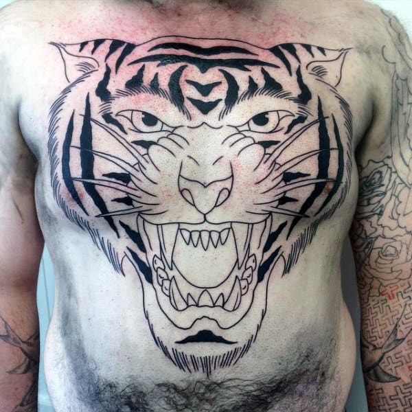 Black Ink Traditional Male Tiger Chest Tattoos