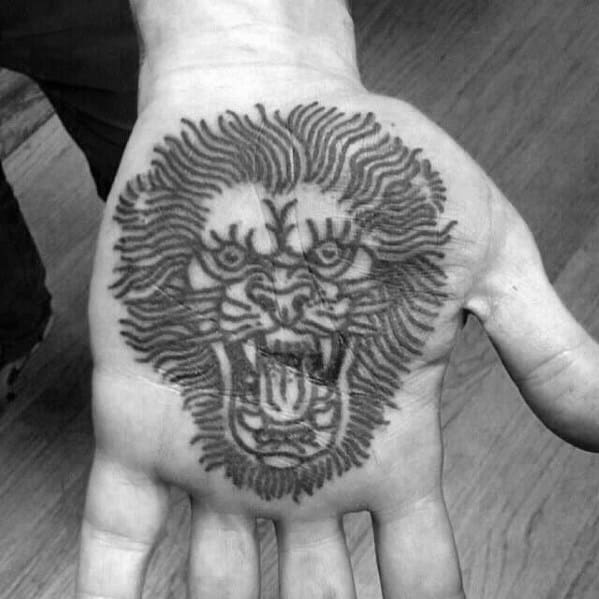 Black Ink Traditional Old School Mens Lion Palm Of Hand Tattoo