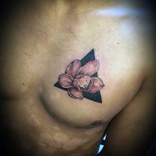 Black Ink Triangle With Orchid Flower Mens Chest Tattoos