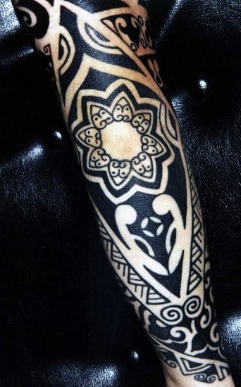 Black Ink Tribal Elbow Tattoo For Men