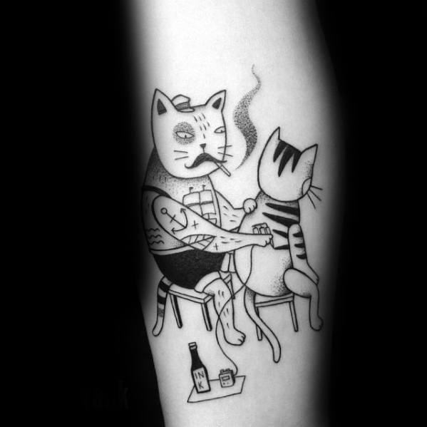 Black Ink Vintage Cat Themed Tattoo Design Inspiration