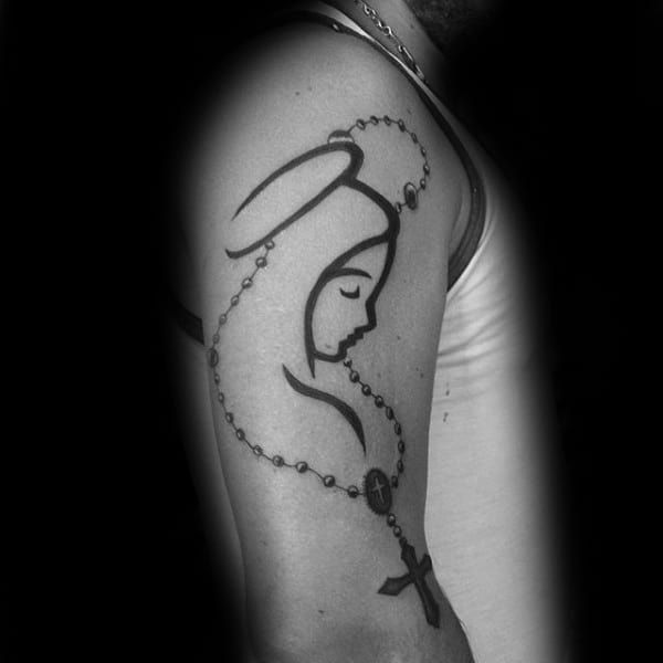 Black Ink Virgin Mary With Rosary Mens Upper Arm Tattoo