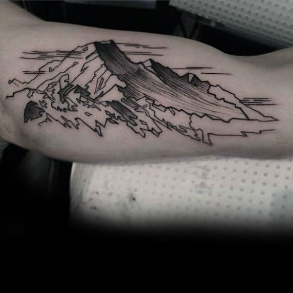 Black Ink With Shading Guys Landscape Mountain Inner Arm Tattoos
