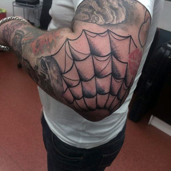 Black Ink With Shading Spider Web Elbow Tattoos For Guys