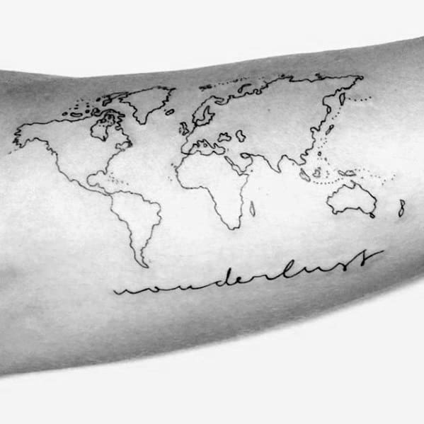 Black Ink World Map Outline Wanderlust Mens Arm Tattoo