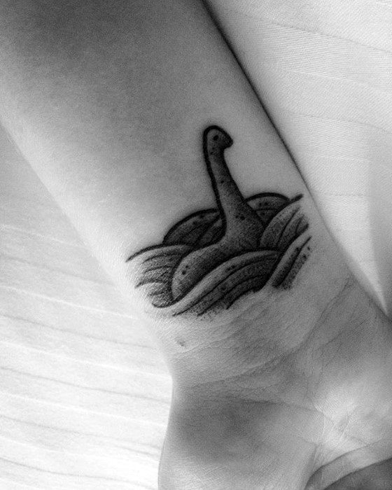 Black Ink Wrist Loch Ness Monster Guys Tattoos