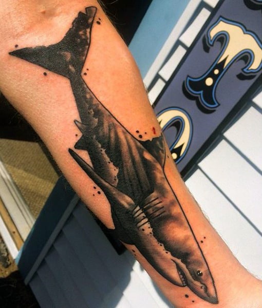 Black Inner Forearm Sharks Tattoos Men