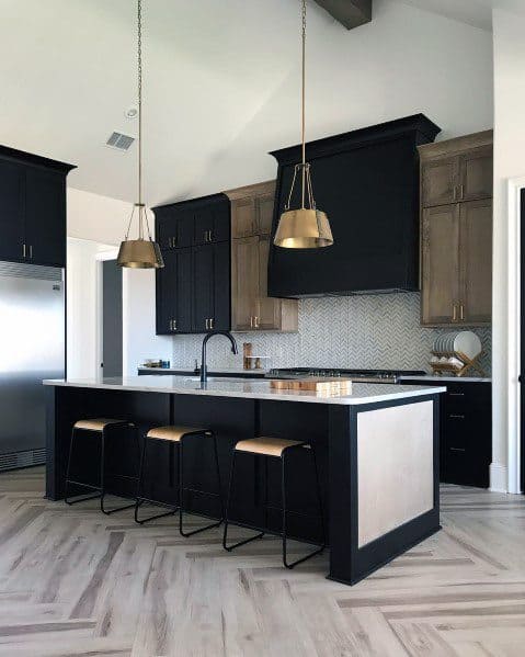luxury modern black and natural wood cabinet kitchen subway tile backsplash 