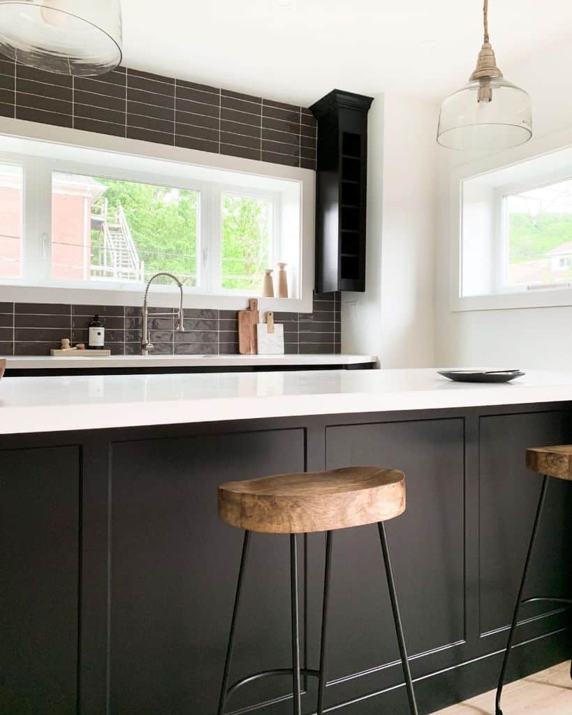 black tile kitchen tile ideas wood stools