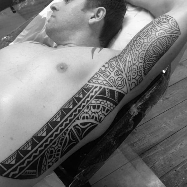 Black Leafy Geometric Tattoo On Armpits For Guys