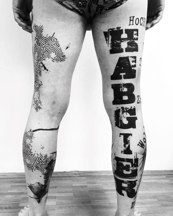 Black Lettering Mens Trash Polka Full Leg Tattoo