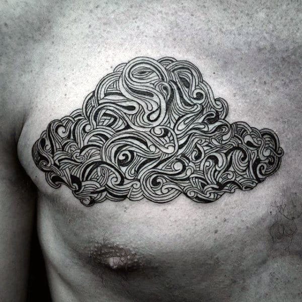 Black Lines Cloud Tattoos On Chest For Men.