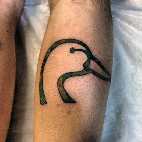 Black Linework Simple Duck Head Tattoo On Guys Leg