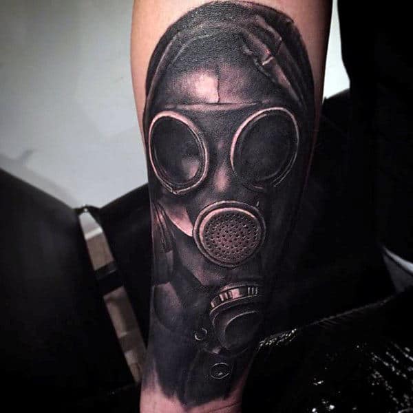 Black Outer Forearm Male Gas Mask Tattoo Design Inspiration
