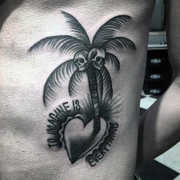Black Palm Tree Tattoo With Quote On Ribs For Men