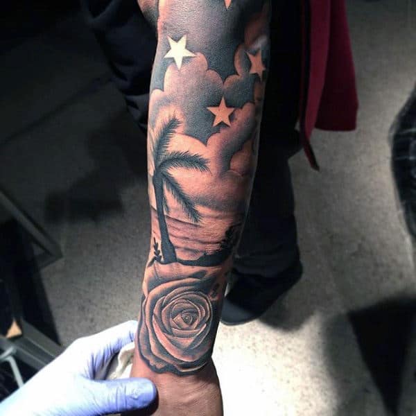 Black Palm Tree With Stars And Roses Tattoo On Arms For Men