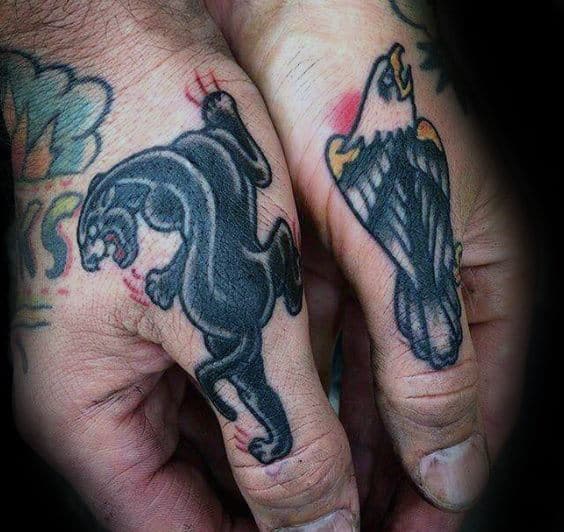 Black Panther With Bald Eagle Thumb Tattoos For Men