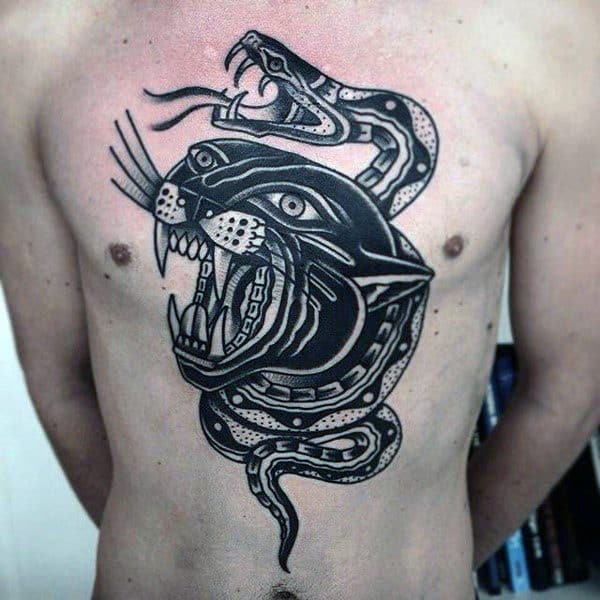 Black Panther With Snake Mens Traditional Chest Tattoo Designs
