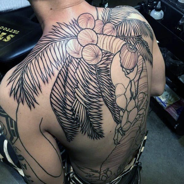 Black Pencil Art Palm Tree Tattoo For Men On Whole Back