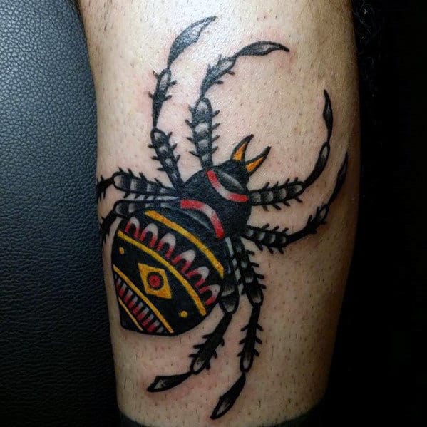 Black Red And Yellow Ink Mens Traditional Spider Leg Tattoo