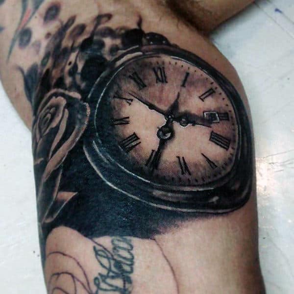 Black Rose And Pocket Watch Tattoo On Arms For Men
