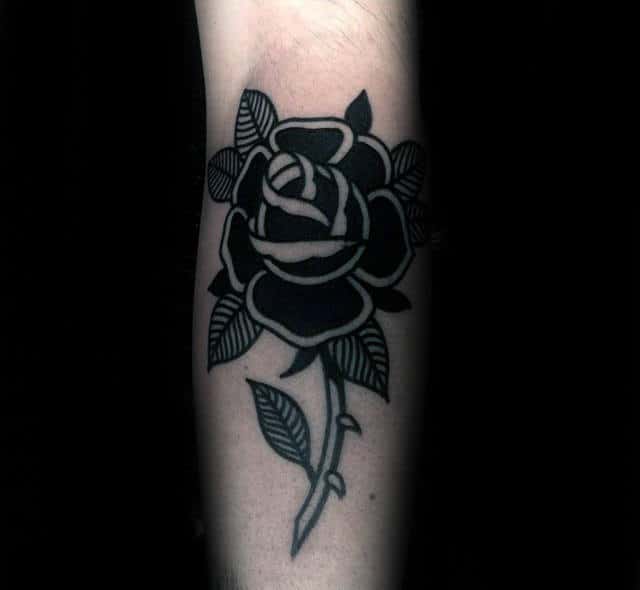 Black Rose With Stem And Leaves Male Forearm Tattoos