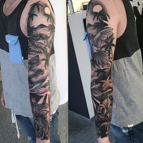 Black Shaded Beach And Palm Trees Tattoo On Full Arms For Men