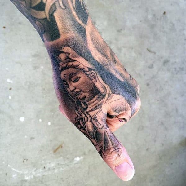 Black Shaded Buddha Tattoo On Hands For Men