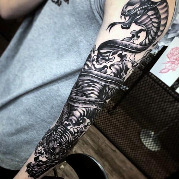 Black Shaded Ink Cobra Mens Sleeve Tattoo Ideas