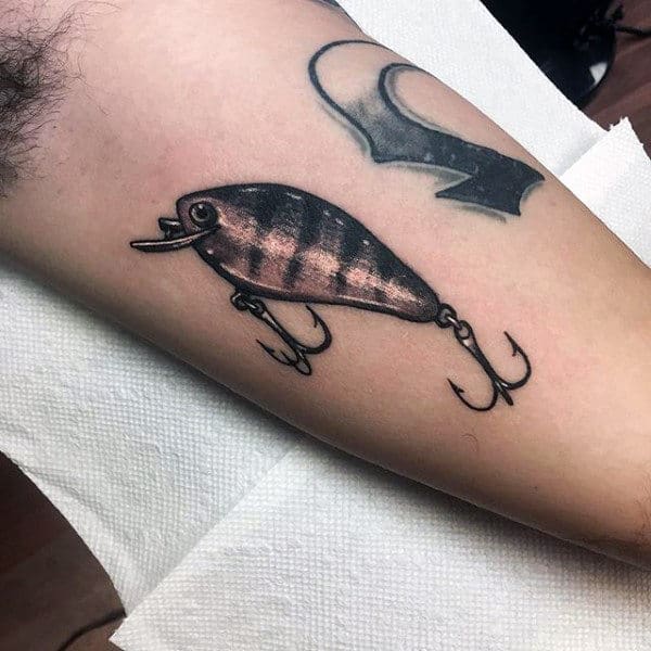 Black Shaded Mens Fish Hook Tattoo Design