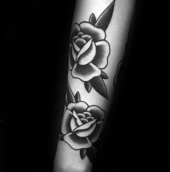 Black Shaded Two Rose Flowers Guys Traditional Outer Forearm Tattoo Design Ideas