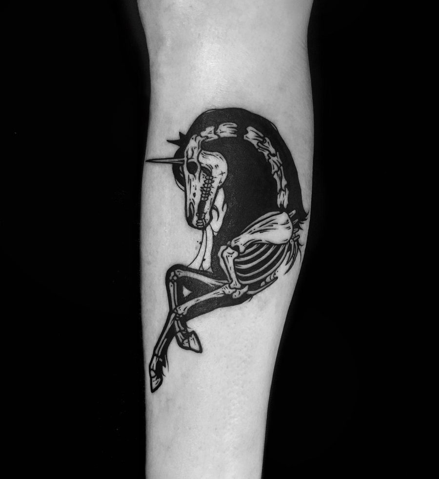 Black Silhouette Internal Skeleton Half Unicorn Unique Tattoo