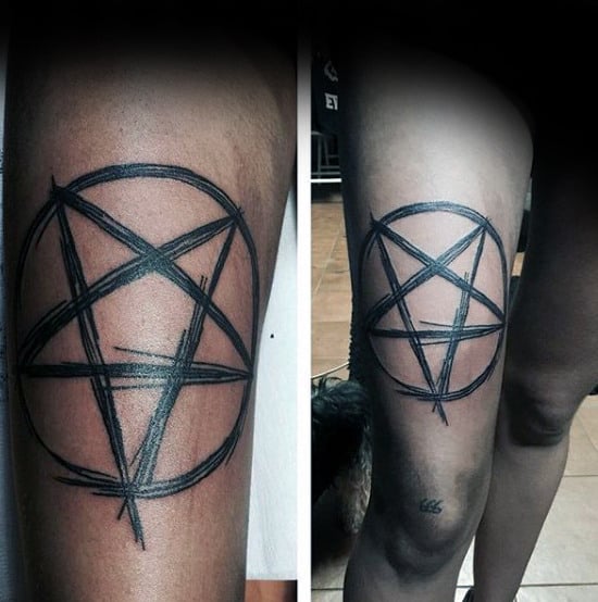 Black Sketch Of Pentagram Tattoo Male Thighs