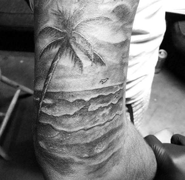 Black Sketch Palm Tree Tattoo On Arms