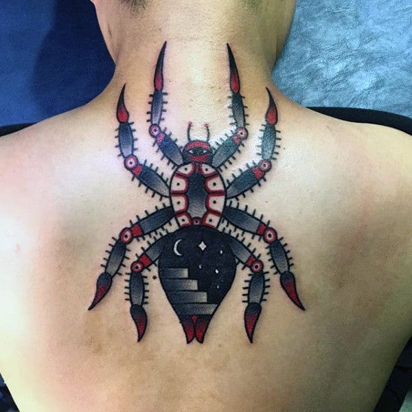 Black Spider With Spikes Tattoo On Back For Men